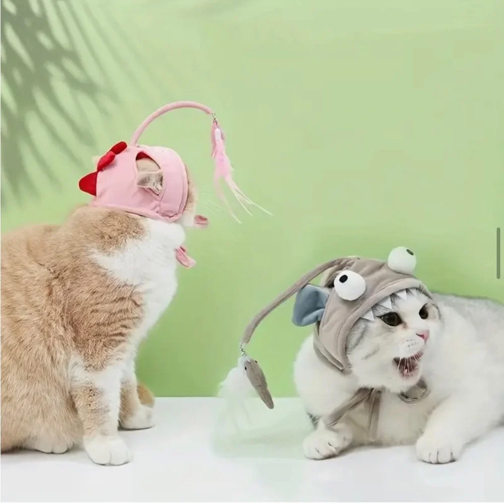 Pink Cat Hat with Dangle Fish Interactive Cat Headgear Hat, Small Pet